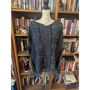 Free People Women's Large Black Multi Wool Cap Fair Isle Pullover Sweater Cape